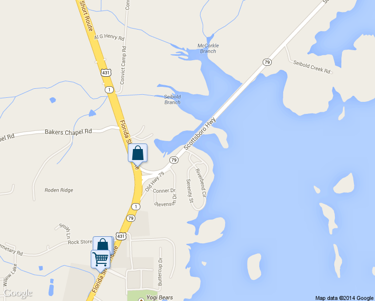 map of restaurants, bars, coffee shops, grocery stores, and more near 61 Riverbend Circle in Guntersville