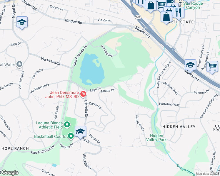 map of restaurants, bars, coffee shops, grocery stores, and more near 4005 Lago Drive in Santa Barbara