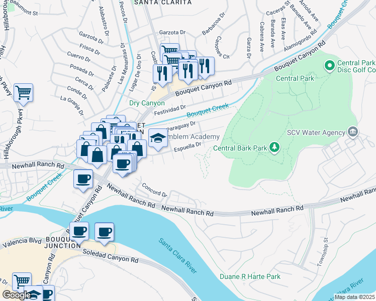 map of restaurants, bars, coffee shops, grocery stores, and more near 22512 Espuella Drive in Santa Clarita