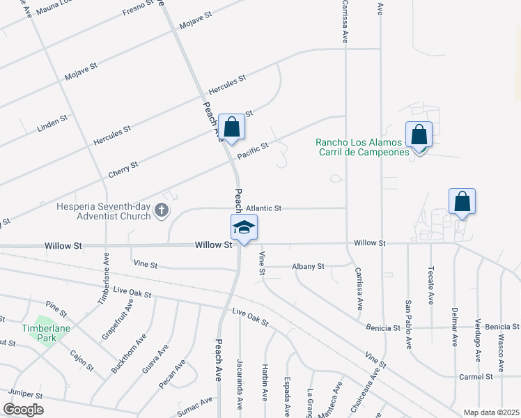 map of restaurants, bars, coffee shops, grocery stores, and more near Atlantic Street in Hesperia