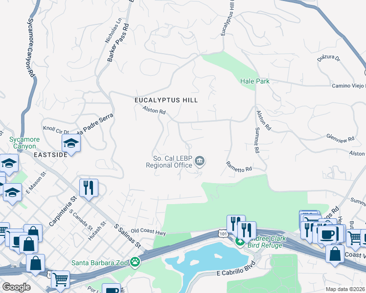map of restaurants, bars, coffee shops, grocery stores, and more near 820 Cima Linda Lane in Santa Barbara