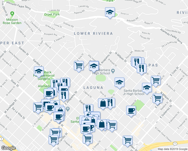 map of restaurants, bars, coffee shops, grocery stores, and more near 700 East Anapamu Street in Santa Barbara