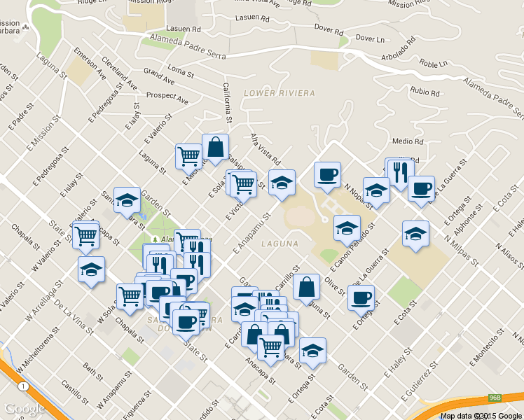 map of restaurants, bars, coffee shops, grocery stores, and more near 521 East Anapamu Street in Santa Barbara