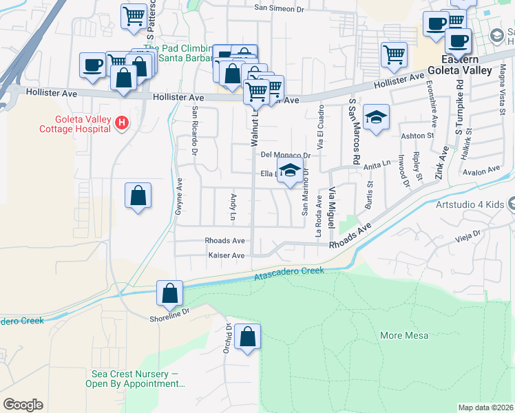 map of restaurants, bars, coffee shops, grocery stores, and more near 682 Walnut Lane in Santa Barbara