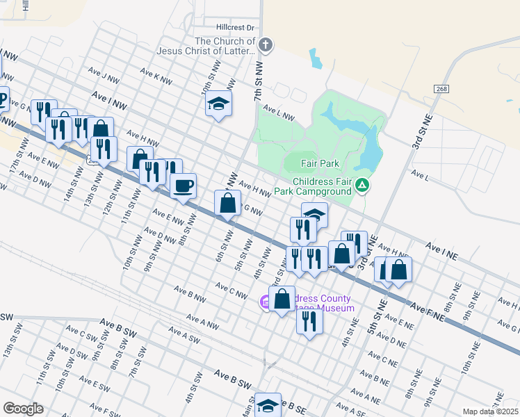 map of restaurants, bars, coffee shops, grocery stores, and more near 500 Avenue G Northwest in Childress