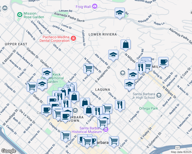map of restaurants, bars, coffee shops, grocery stores, and more near 521 East Anapamu Street in Santa Barbara
