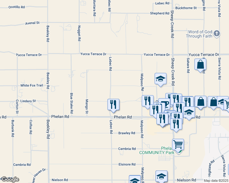 map of restaurants, bars, coffee shops, grocery stores, and more near 2nd Street in Phelan