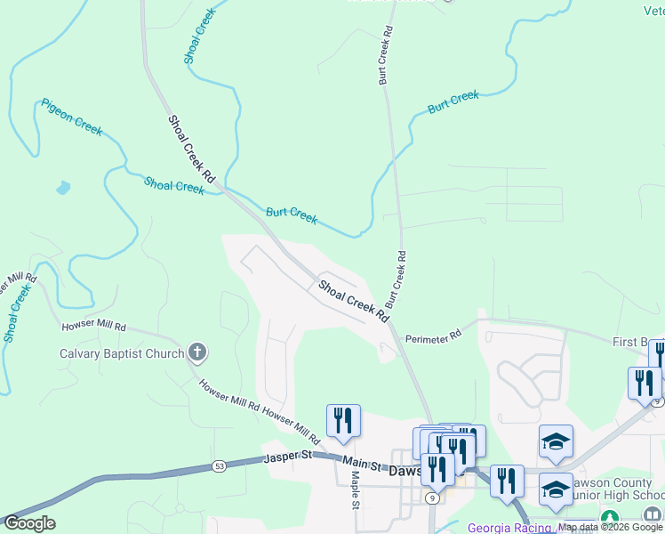 map of restaurants, bars, coffee shops, grocery stores, and more near 75 Shoal Creek Court in Dawsonville