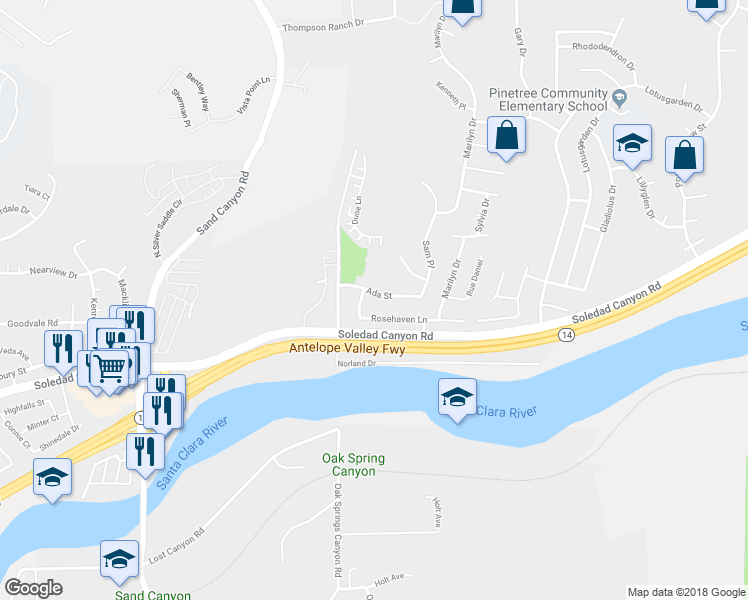 map of restaurants, bars, coffee shops, grocery stores, and more near 15912 Ada Street in Santa Clarita