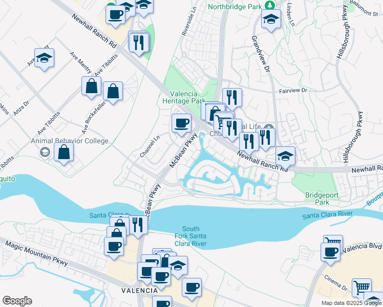 map of restaurants, bars, coffee shops, grocery stores, and more near 27035 Edgewater Lane in Santa Clarita
