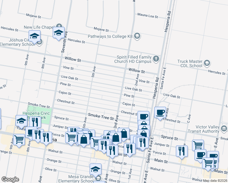 map of restaurants, bars, coffee shops, grocery stores, and more near 16362 Pine Street in Hesperia