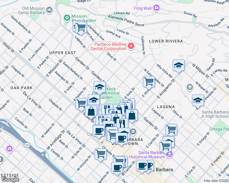 map of restaurants, bars, coffee shops, grocery stores, and more near Garden Street & East Micheltorena Street in Santa Barbara