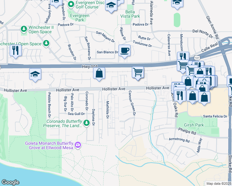 map of restaurants, bars, coffee shops, grocery stores, and more near 224 Ellwood Beach Drive in Goleta