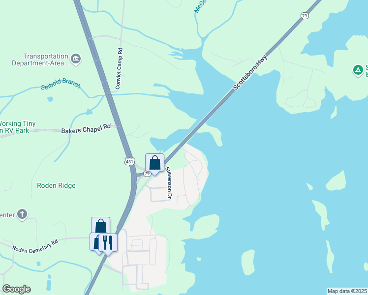 map of restaurants, bars, coffee shops, grocery stores, and more near 48 Riverbend Circle in Guntersville