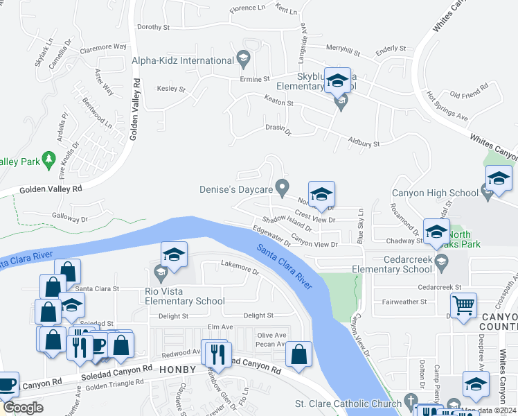map of restaurants, bars, coffee shops, grocery stores, and more near 20164 Crest View Drive in Santa Clarita