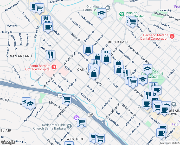 map of restaurants, bars, coffee shops, grocery stores, and more near 114 West Mission Street in Santa Barbara