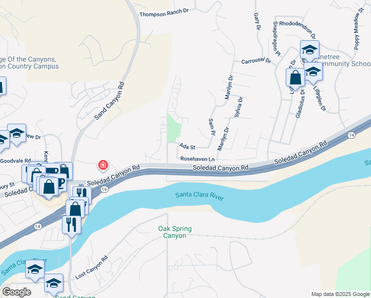 map of restaurants, bars, coffee shops, grocery stores, and more near 15912 Ada Street in Santa Clarita