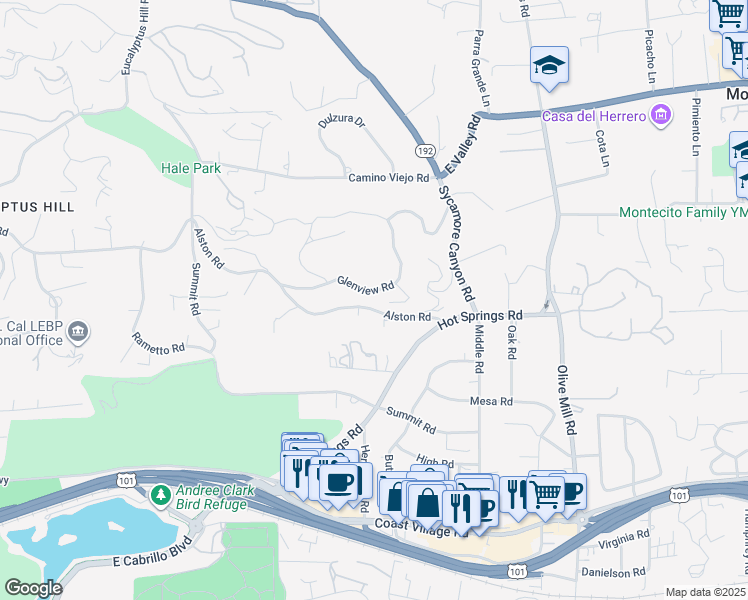 map of restaurants, bars, coffee shops, grocery stores, and more near 1147 Glenview Road in Montecito