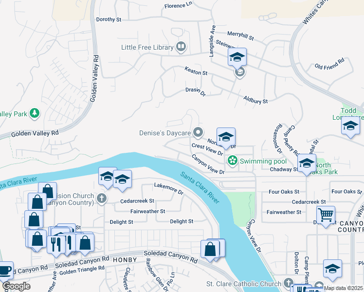 map of restaurants, bars, coffee shops, grocery stores, and more near 20164 Crest View Drive in Santa Clarita