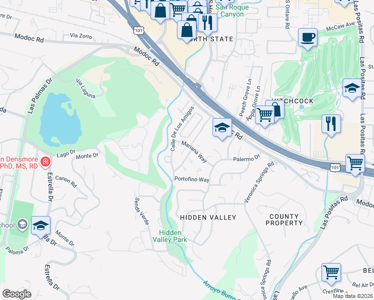 map of restaurants, bars, coffee shops, grocery stores, and more near 3775 Modoc Road in Santa Barbara