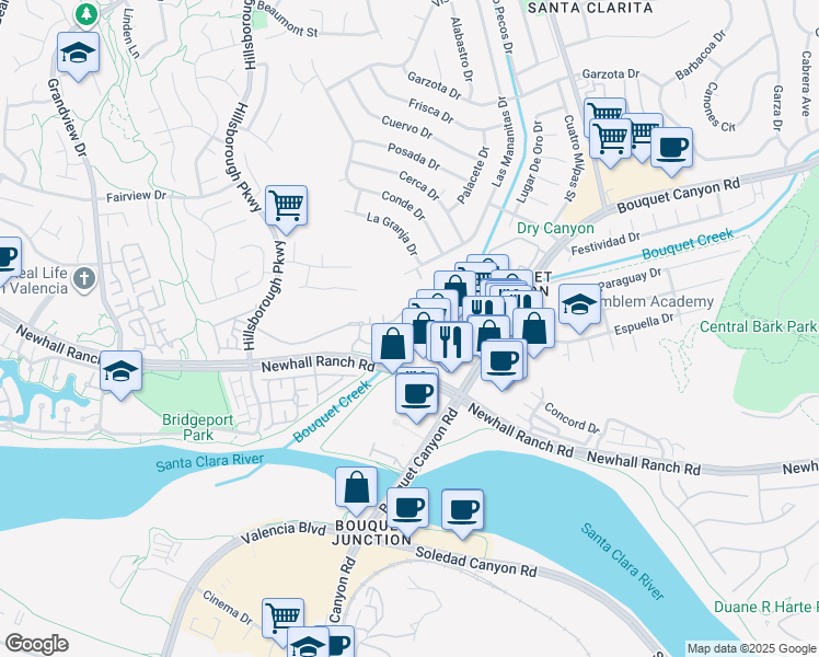 map of restaurants, bars, coffee shops, grocery stores, and more near 23128 Napa Drive in Santa Clarita