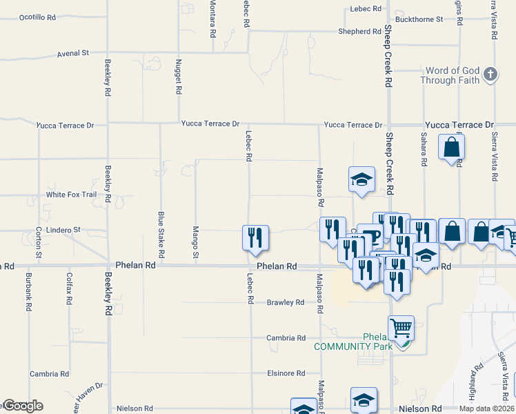 map of restaurants, bars, coffee shops, grocery stores, and more near 3724 White Fox Trail in Phelan