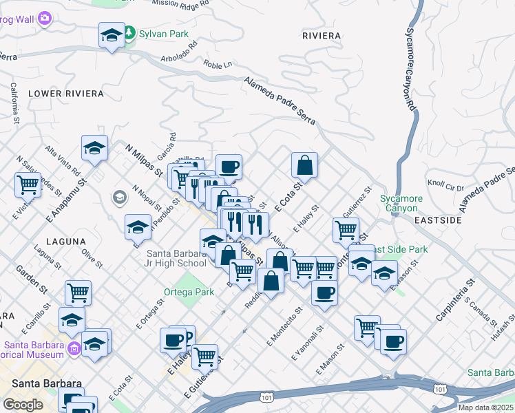 map of restaurants, bars, coffee shops, grocery stores, and more near 1001 East Ortega Street in Santa Barbara