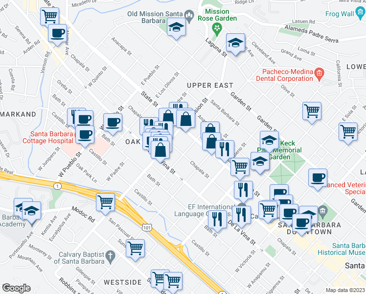 map of restaurants, bars, coffee shops, grocery stores, and more near 1920 Chapala Street in Santa Barbara