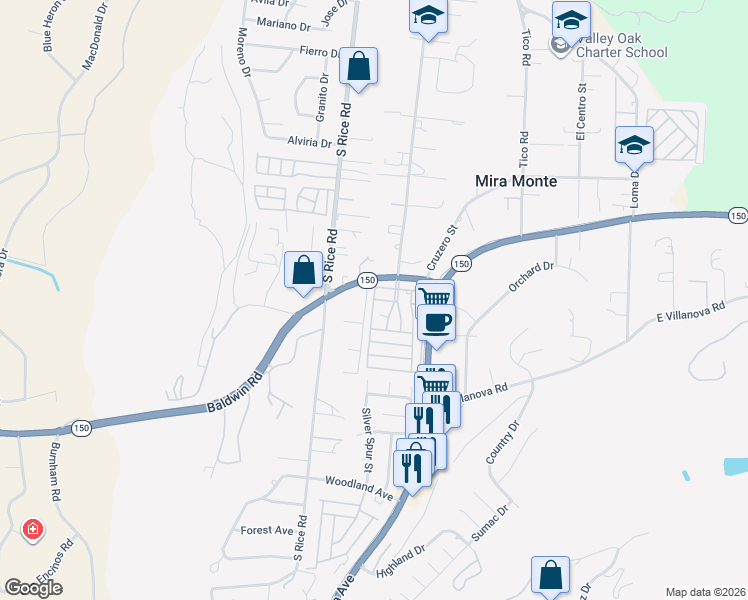 map of restaurants, bars, coffee shops, grocery stores, and more near 176 Vega Way in Ojai