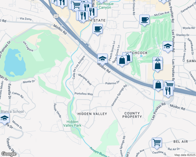 map of restaurants, bars, coffee shops, grocery stores, and more near 3718 Amalfi Way in Santa Barbara