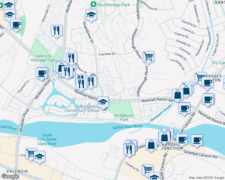 map of restaurants, bars, coffee shops, grocery stores, and more near 23612 Muir Trail in Santa Clarita