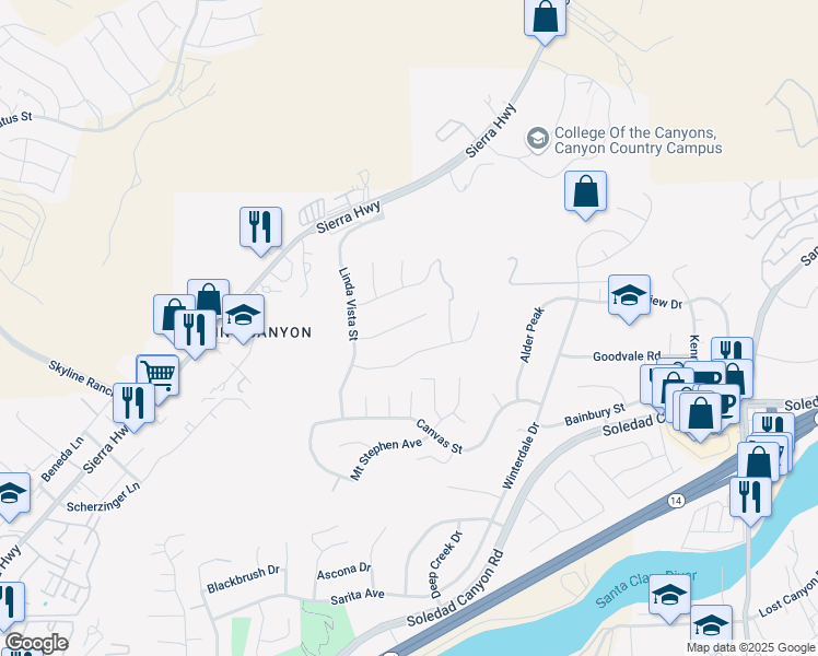 map of restaurants, bars, coffee shops, grocery stores, and more near 17268 Sierra Sunrise Lane in Santa Clarita