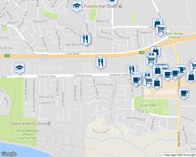 map of restaurants, bars, coffee shops, grocery stores, and more near 7340 Lowell Way in Goleta