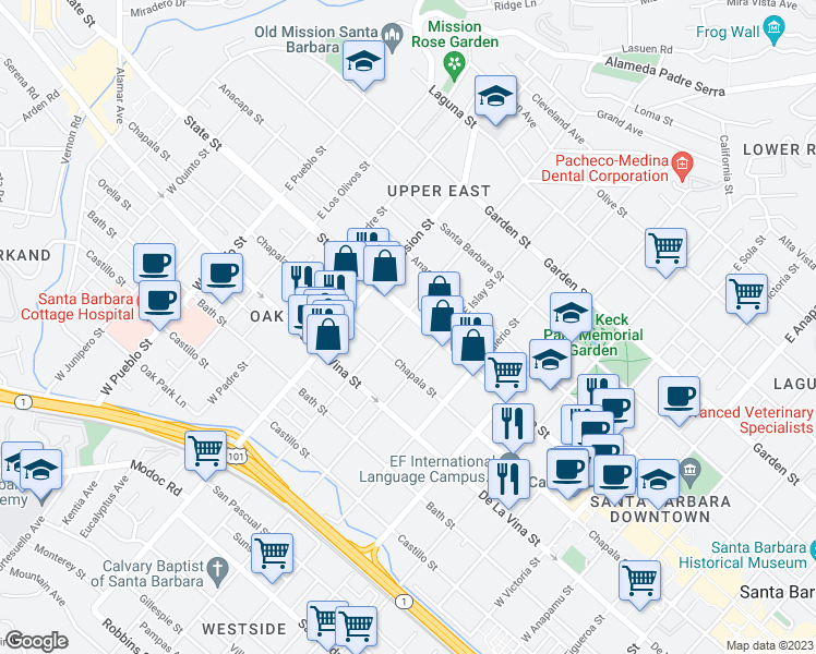 map of restaurants, bars, coffee shops, grocery stores, and more near 11 West Pedregosa Street in Santa Barbara