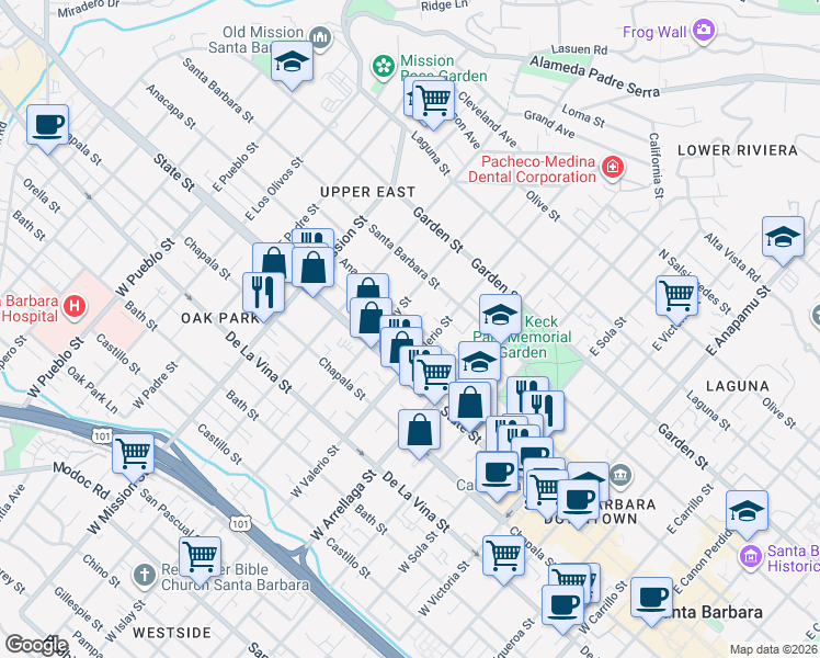 map of restaurants, bars, coffee shops, grocery stores, and more near 1717 Anacapa Street in Santa Barbara