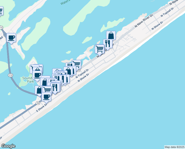 map of restaurants, bars, coffee shops, grocery stores, and more near 416 North Shore Drive in Surf City