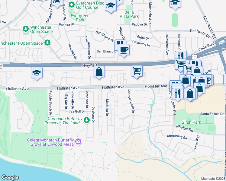 map of restaurants, bars, coffee shops, grocery stores, and more near 224 Ellwood Beach Drive in Goleta