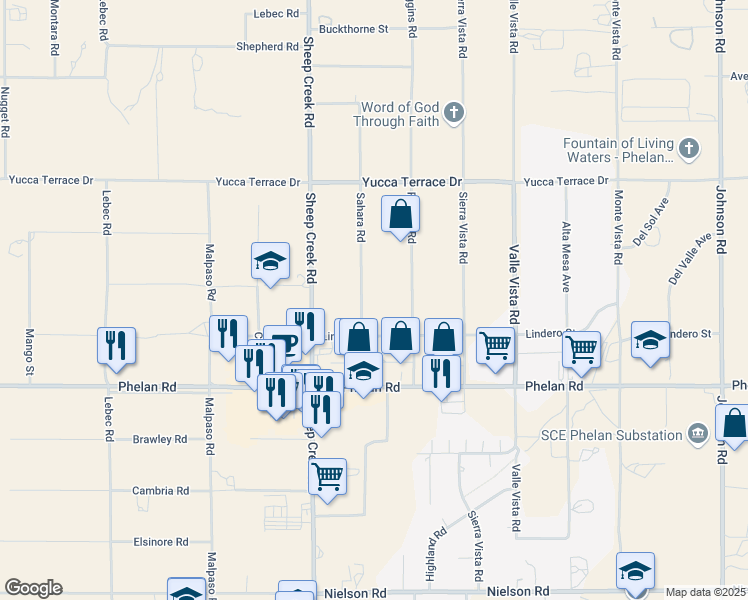 map of restaurants, bars, coffee shops, grocery stores, and more near 9875 Sahara Road in Phelan