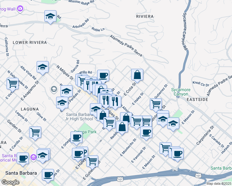 map of restaurants, bars, coffee shops, grocery stores, and more near 1001 East Ortega Street in Santa Barbara