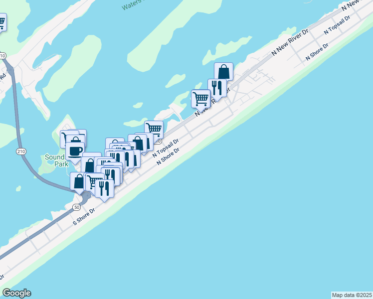 map of restaurants, bars, coffee shops, grocery stores, and more near 416 North Shore Drive in Surf City