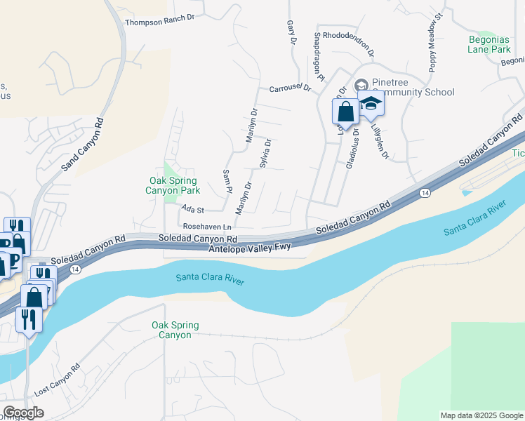 map of restaurants, bars, coffee shops, grocery stores, and more near 28927 Rue Daniel in Santa Clarita