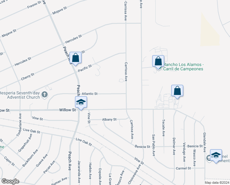 map of restaurants, bars, coffee shops, grocery stores, and more near 18702 Atlantic Street in Hesperia