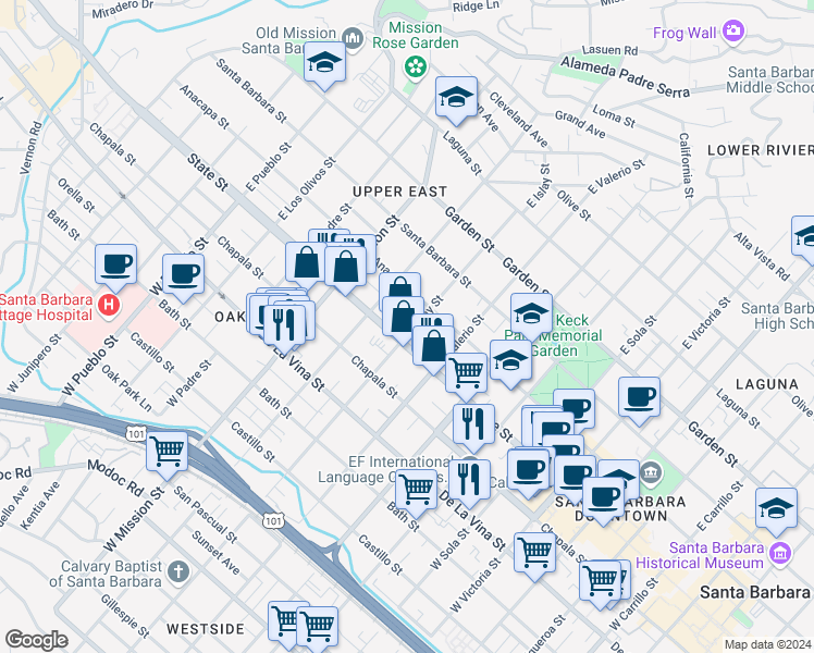 map of restaurants, bars, coffee shops, grocery stores, and more near 11 East Islay Street in Santa Barbara