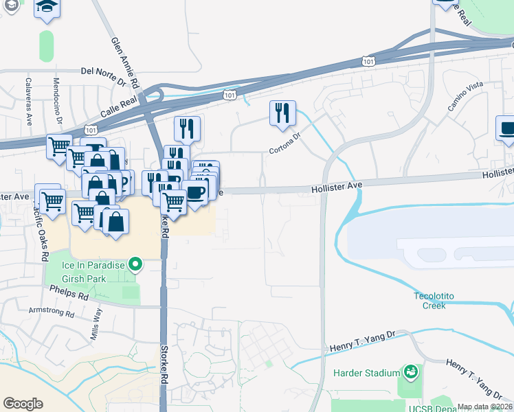 map of restaurants, bars, coffee shops, grocery stores, and more near 6693 Hollister Avenue in Goleta