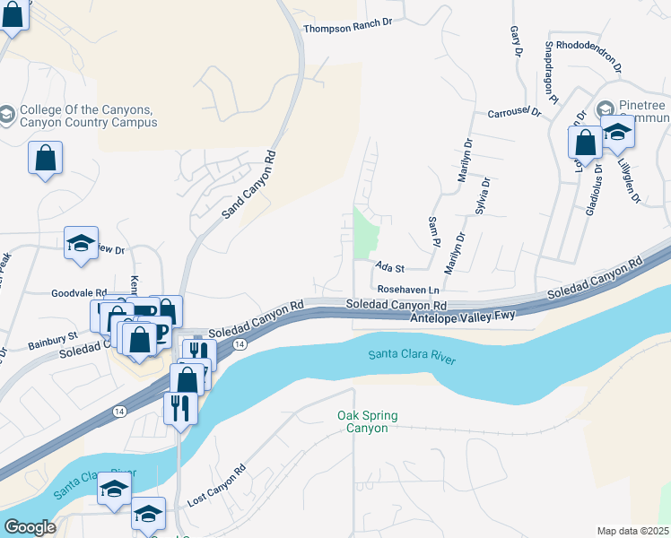 map of restaurants, bars, coffee shops, grocery stores, and more near 28900 North Prairie Lane in Santa Clarita