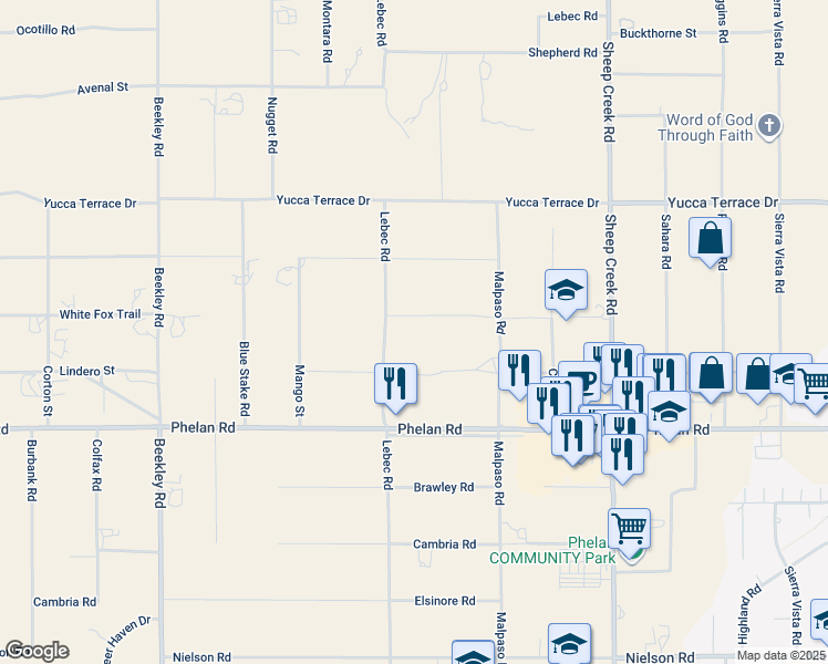 map of restaurants, bars, coffee shops, grocery stores, and more near White Fox Trail in Phelan