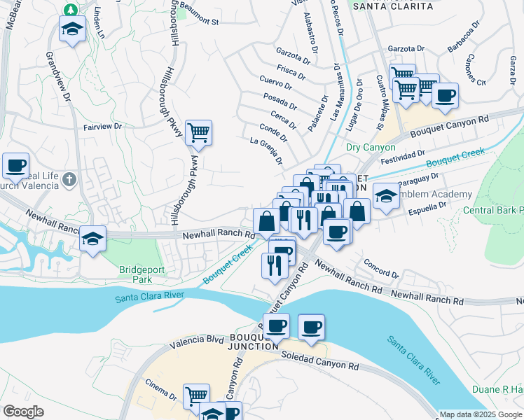 map of restaurants, bars, coffee shops, grocery stores, and more near 26602 Yosemite Place in Santa Clarita