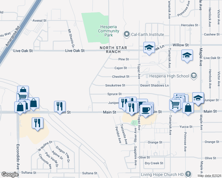 map of restaurants, bars, coffee shops, grocery stores, and more near 13915 Smoketree Street in Hesperia