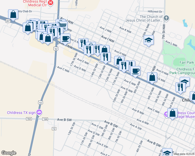 map of restaurants, bars, coffee shops, grocery stores, and more near 1301 Avenue D Northwest in Childress