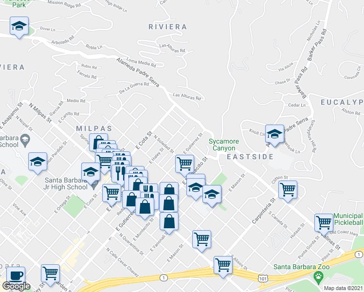 map of restaurants, bars, coffee shops, grocery stores, and more near 1222 Blanchard Street in Santa Barbara